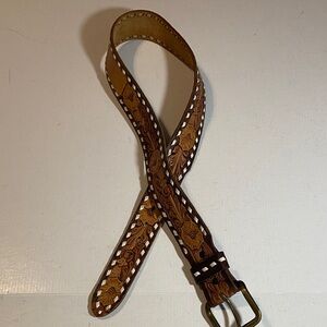 Hand Tooled Vintage Embossed Leather Belt with Snap off Belt Buckle